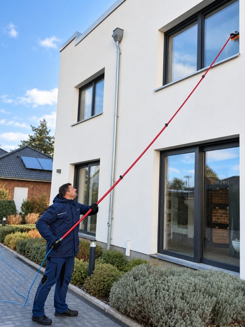 Fensterreinigung im Obergeschoss, vom Boden aus