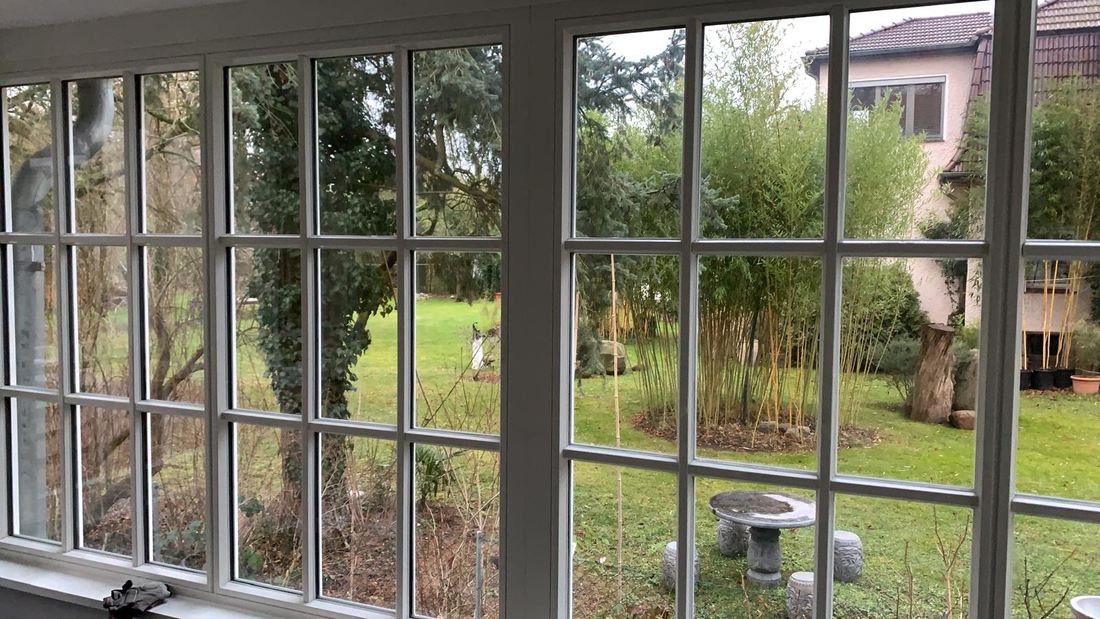 Gereinigte Sprossenfenster mit Gartenblick