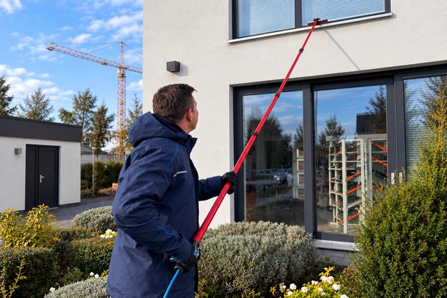 Glasreiniger von GBB bei der Fassadenreinigung mit der Reinwasser-Teleskopstange